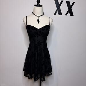Vintage Y2K Black Velvet Burnout Mesh Fit & Flare Mini Dress Dark Fairy S